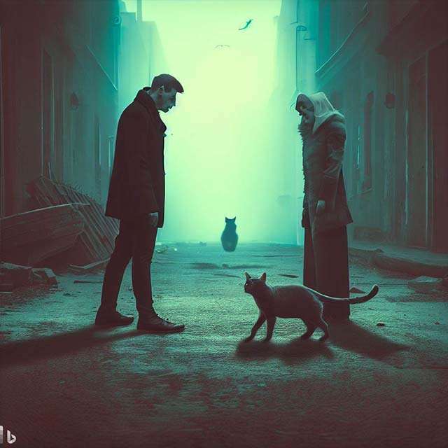 Bing Image Creator: due persone che si guardano, in una strada deserta, mentre in mezzo a loro passa un gatto (futurismo)