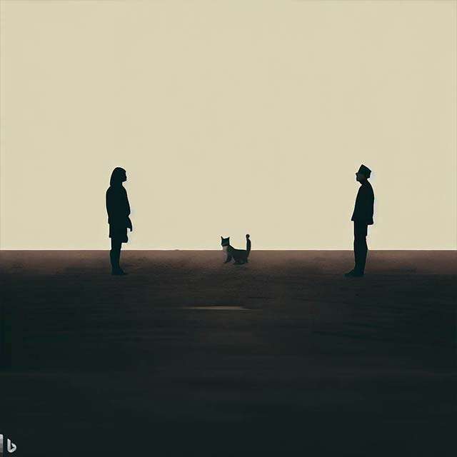 Bing Image Creator: due persone che si guardano, in una strada deserta, mentre in mezzo a loro passa un gatto (minimalismo)