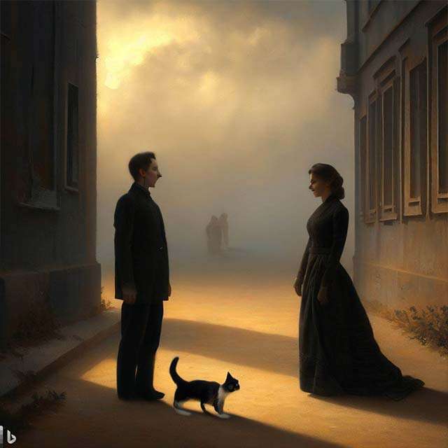 Bing Image Creator: due persone che si guardano, in una strada deserta, mentre in mezzo a loro passa un gatto (pittura classica)