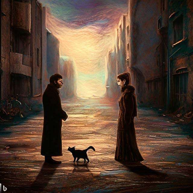 Bing Image Creator: due persone che si guardano, in una strada deserta, mentre in mezzo a loro passa un gatto (arte digitale)