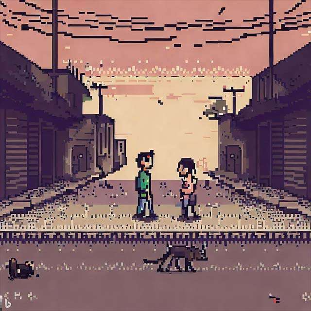 Bing Image Creator: due persone che si guardano, in una strada deserta, mentre in mezzo a loro passa un gatto (pixel art)