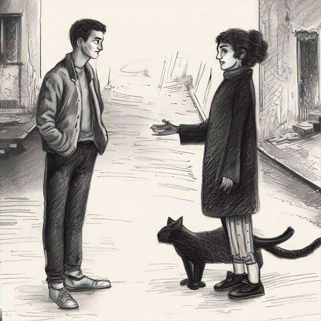 Bing Image Creator: due persone che si guardano, in una strada deserta, mentre in mezzo a loro passa un gatto (disegno a mano)