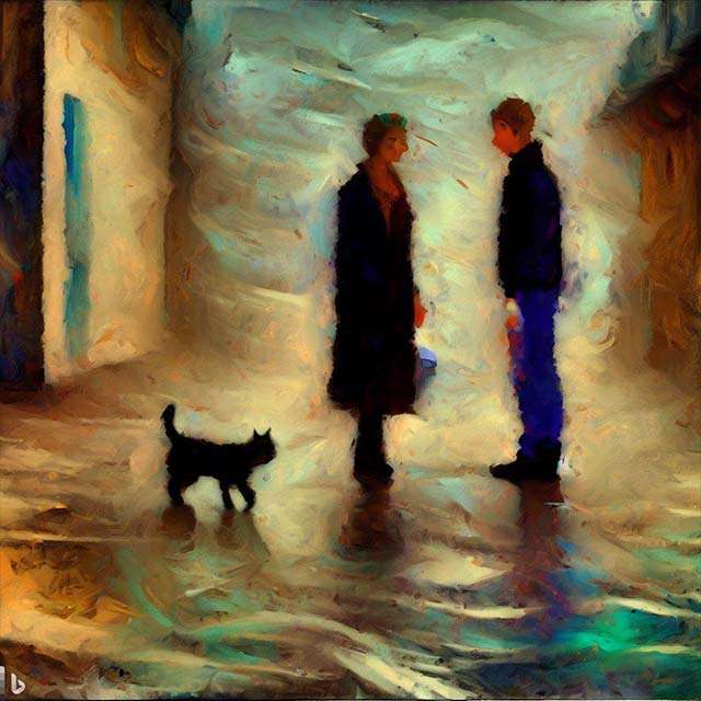Bing Image Creator: due persone che si guardano, in una strada deserta, mentre in mezzo a loro passa un gatto (impressionismo)