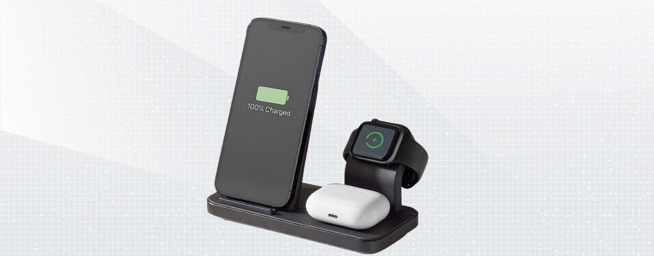 Caricabatterie wireless 3 in 1 per smartphone, smartwatch e auricolari