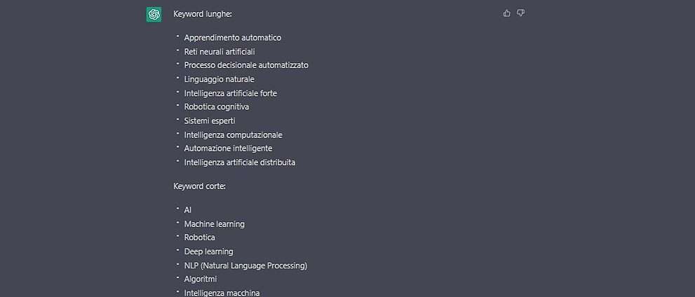 ChatGPT genera lista keyword SEO sulle IA