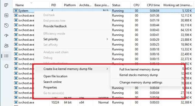 Live Kernel Dump - Task Manager