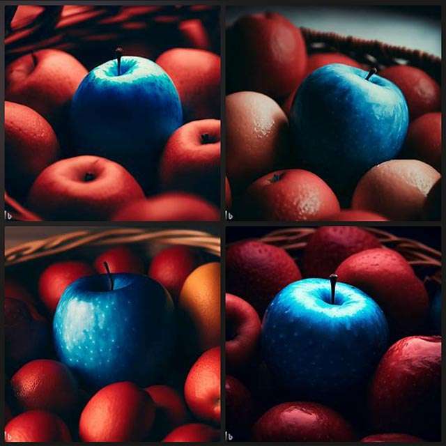 Bing Image Creator: a blue apple in a basket of red lemons