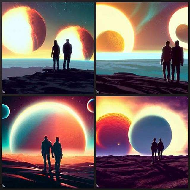 Bing Image Creator: a man and a woman on an unexplored planet, looking at the horizon where two suns rise, artistic style