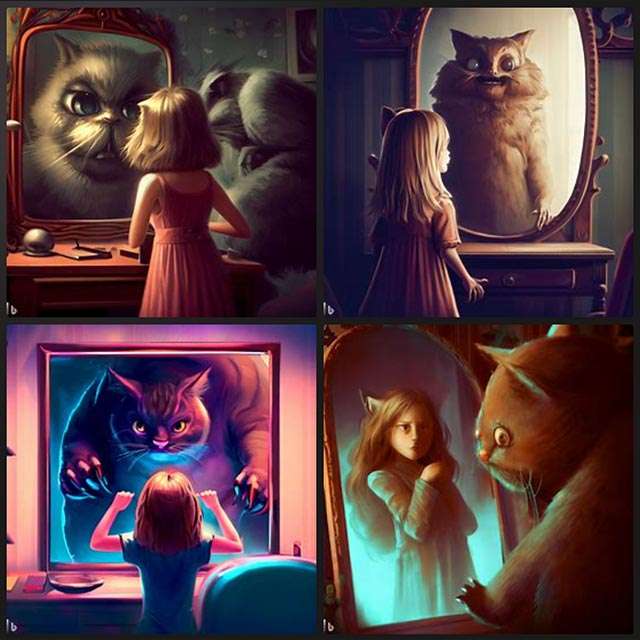Bing Image Creator: a young girl looks in the mirror and discovers that, behind her, a person disguised as a huge cat is hiding, digital art