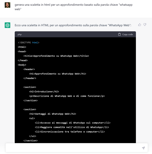 chatgpt scaletta whatsapp web html