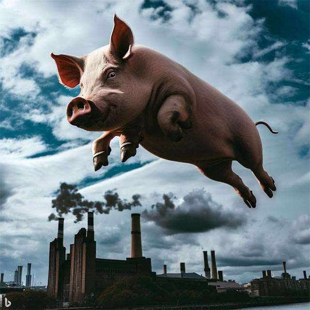 Bing Image Creator: "A pig flying above Battersea Power Station in London"