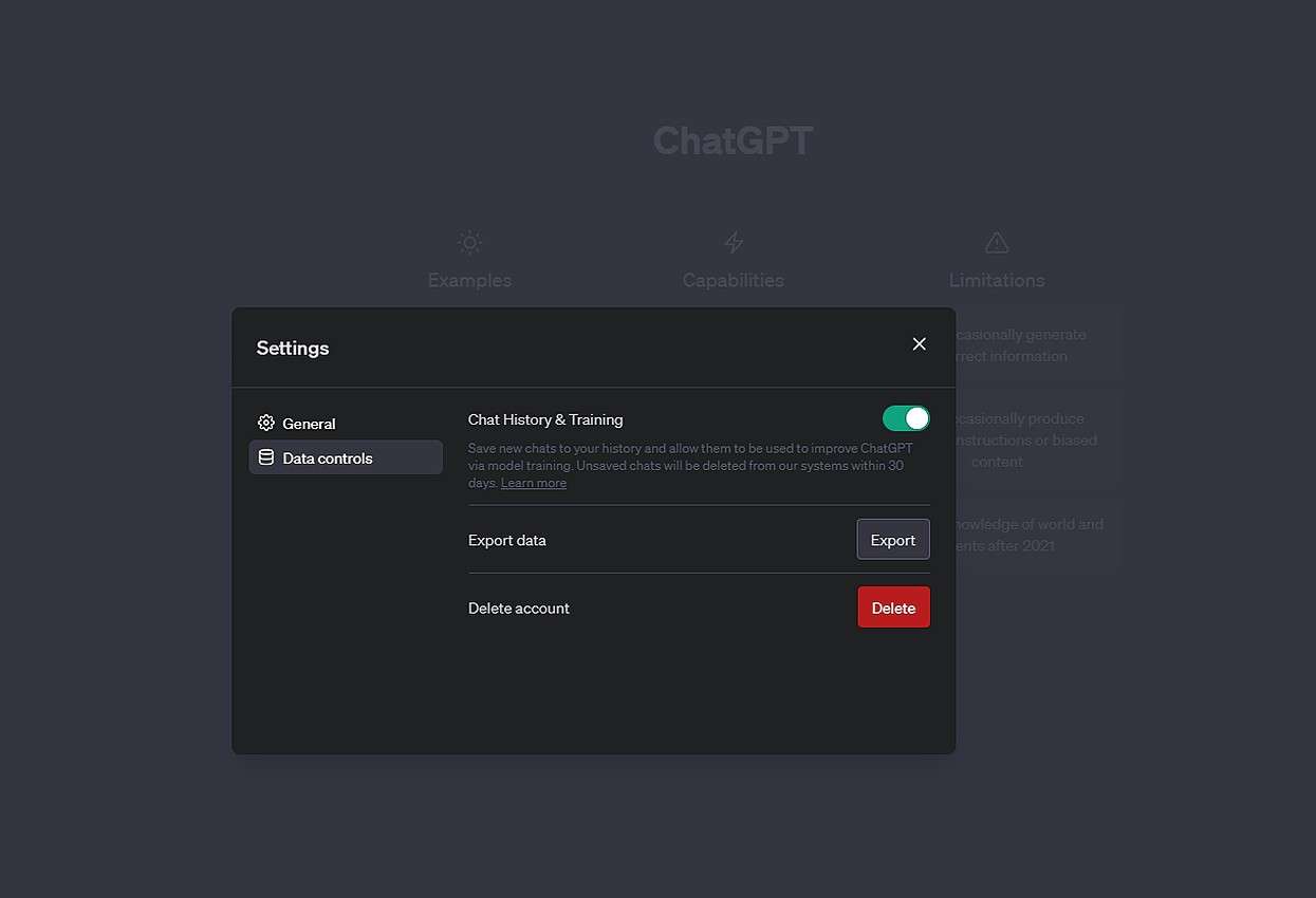 ChatGPT eliminazione chat