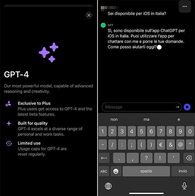 Screenshot per l'applicazione ufficiale iOS di ChatGPT, per iPhone