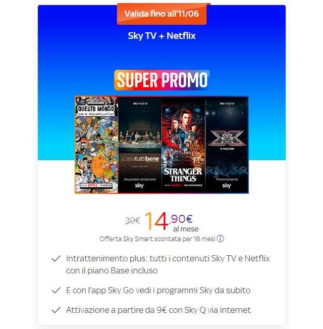 La SUPER PROMO di Sky TV con Netflix a 14,90 euro/mese