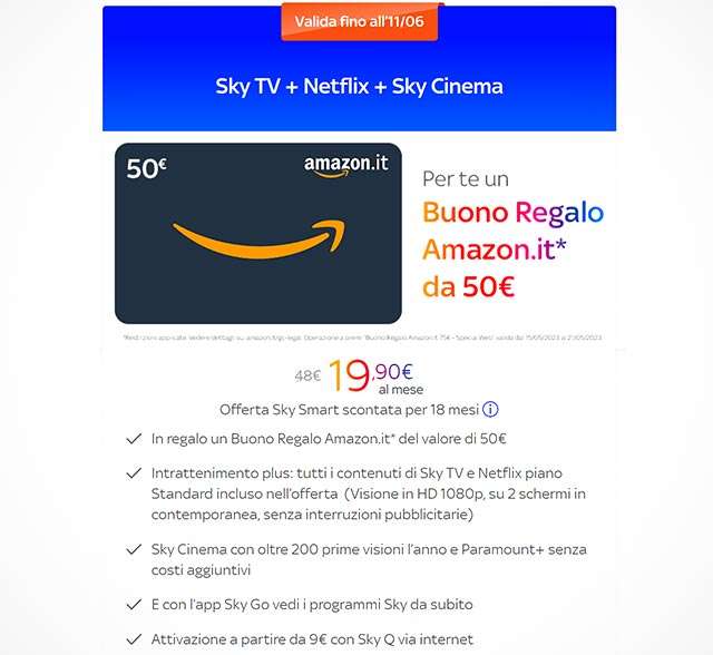 La nuova offerta di Sky (Sky TV Netflix Sky Cinema) che regala un buono Amazon da 50 euro
