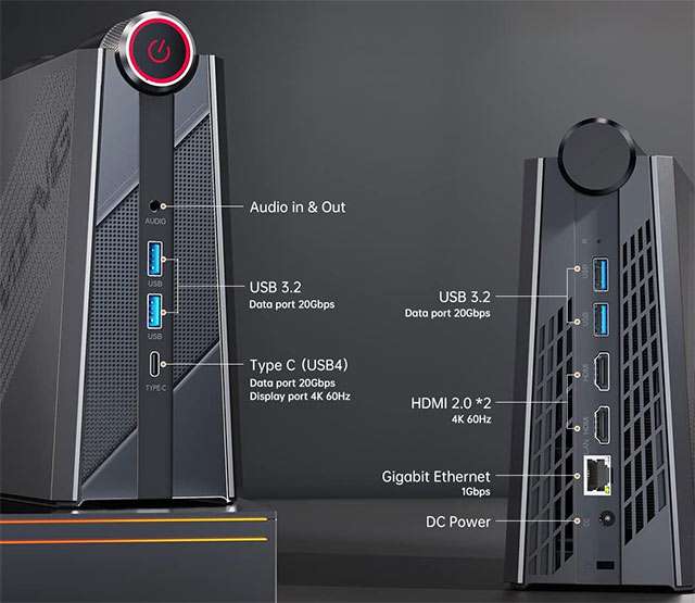 Le porte di connessione presenti su AM08PRO, il Mini PC di NiPoGi per il gaming