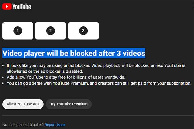 Il messaggio mostrato da YouTube per fermare l'azione degli ad blocker dopo tre video