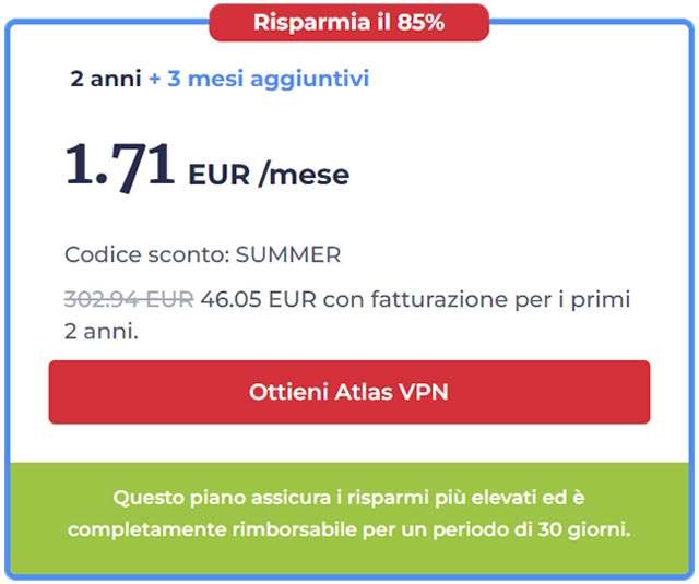 L'offerta di Atlas VPN per l'estate: solo 1,71 euro al mese e tre mesi gratis con l'abbonamento biennale