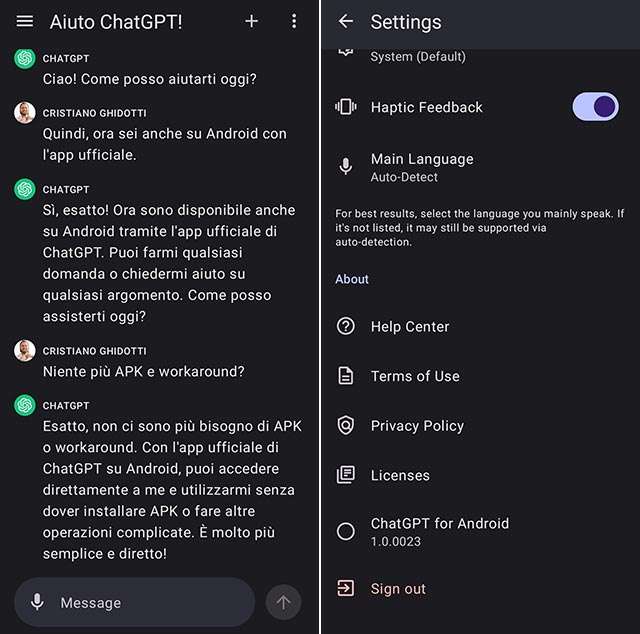Screenshot per la versione Android dell'applicazione ufficiale di ChatGPT