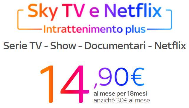 La promozione Intrattenimento Plus di Sky con Sky TV e Netflix in forte sconto