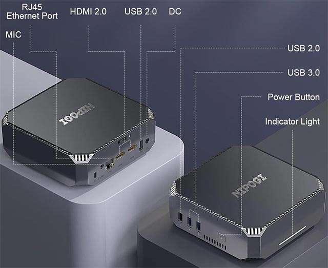 NiPoGi AK2 Plus: le porte di connessione presenti sul Mini PCac