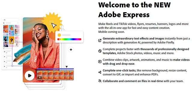 La schermata che accoglie l'utente nel nuovo Adobe Express