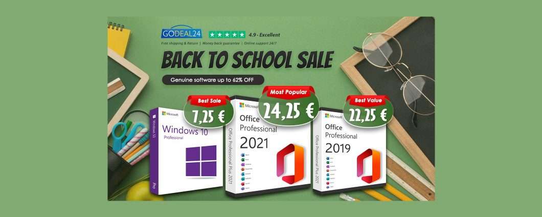 Back to School, non solo per bambini: Office 2021 a 24,25€, Windows 10 a 7,25€