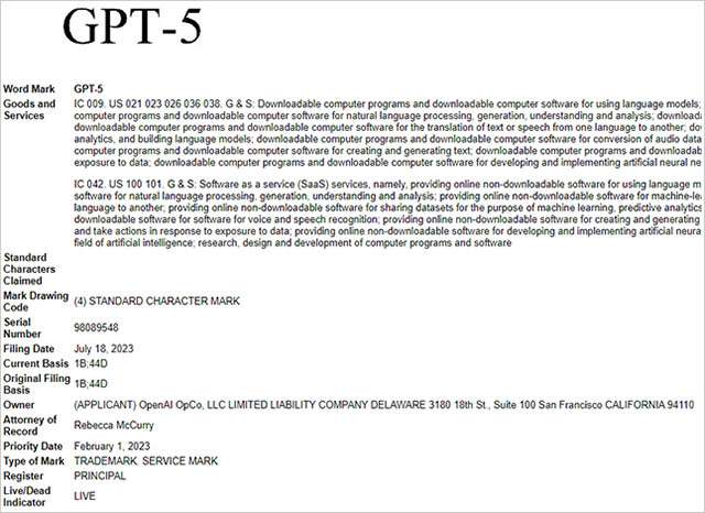 La documentazione di OpenAI rinvenuta nel database USPTO per la registrazione del marchio GPT-5