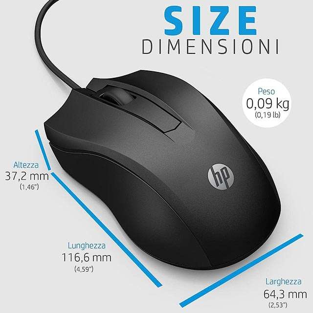 Dimensioni e peso del mouse HP 100