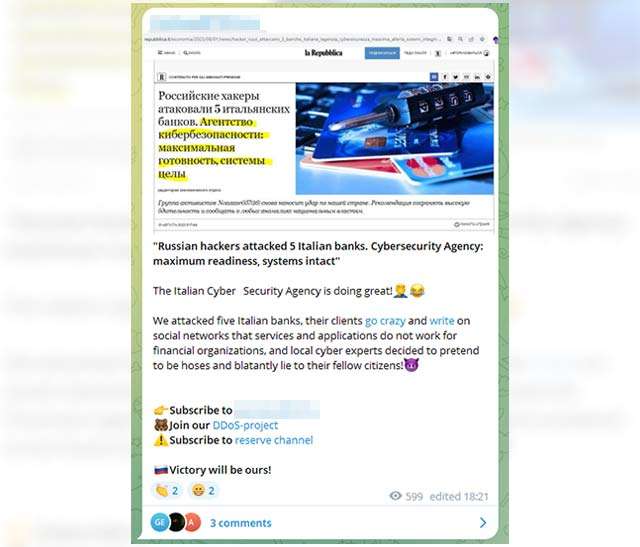 Il post nel canale Telegram di NoName057(16) che commenta un articolo della stampa italiana a proposito degli attacchi alle banche