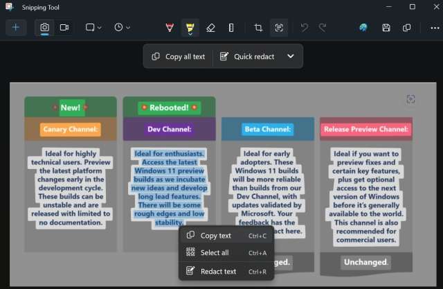 Snipping Tool - Text Actions