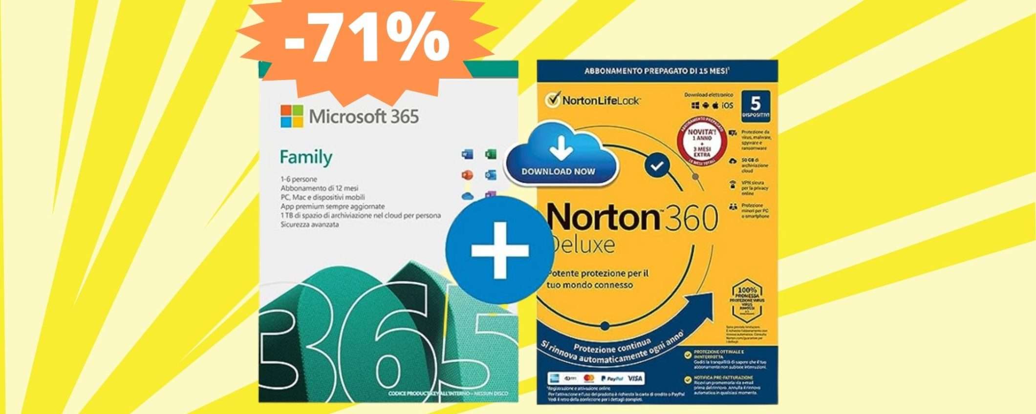 Microsoft 365 Family + Norton 360 Deluxe: AFFARE su Amazon (-71%)