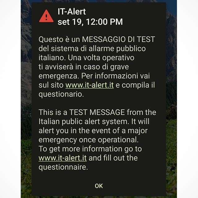 Il messaggio di test inviato da IT-Alert
