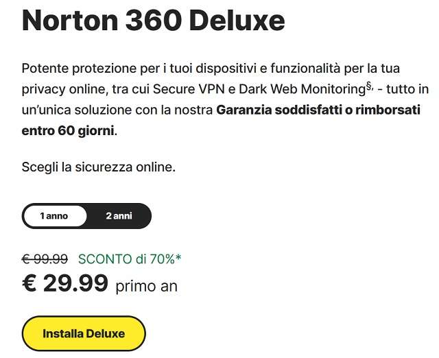 norton 360 deluxe 29,99 euro primo anno