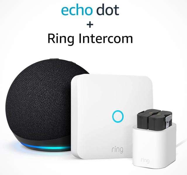 Il bundle di Ring Intercom con batteria aggiuntiva, stazione di ricarica ed Echo Dot