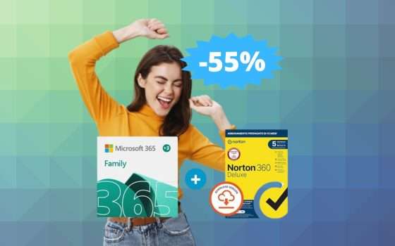 Microsoft 365 Family + Norton 360 Deluxe: sconto FOLLE del 55%