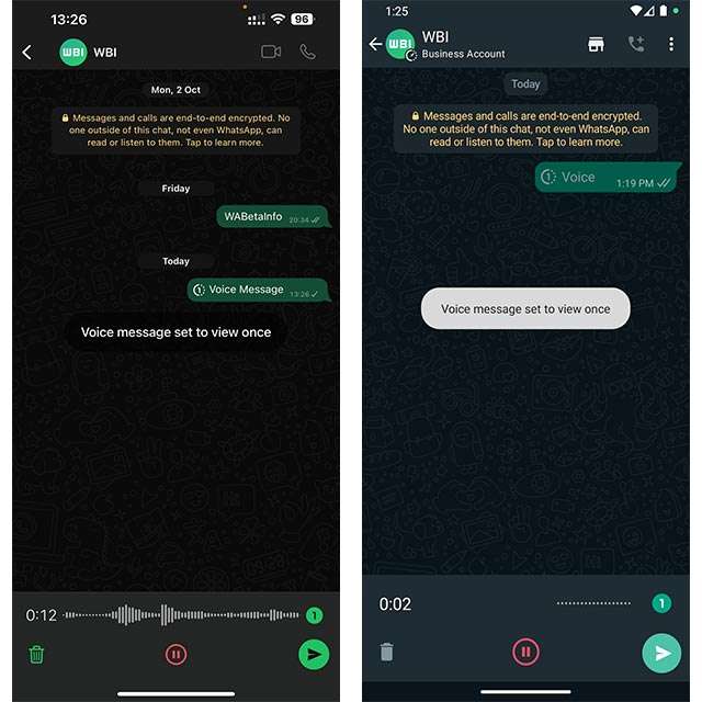 Screenshot per la nuova funzionalità di WhatsApp che permetterà di inviare messaggi vocali da ascoltare una sola volta