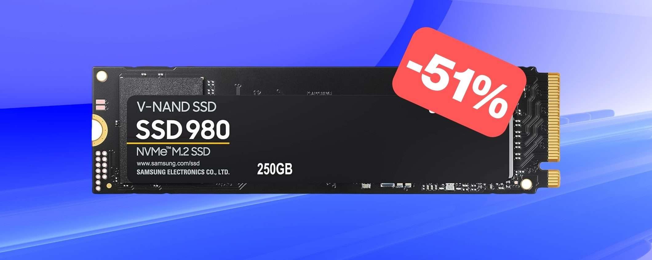 SSD Samsung NVMe PCIe 250GB a prezzo REGALO su Amazon (-51%)
