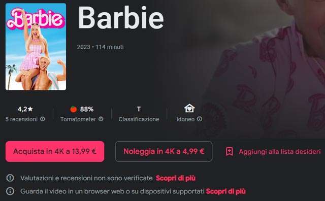 La scheda di Barbie su Google Play Film
