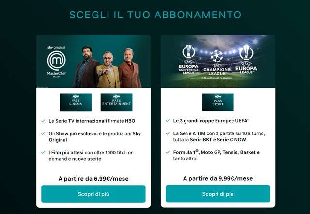 scegli il tuo abbonamento now