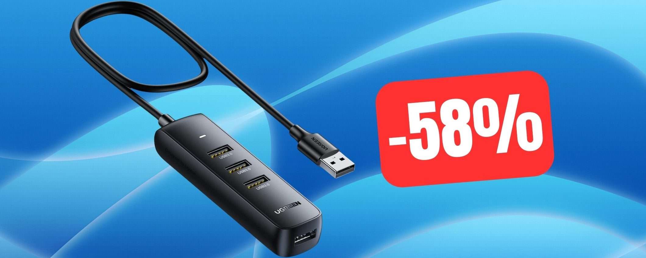 Hub USB 3.0 universale: 4 porte aggiuntive a soli 8,48€