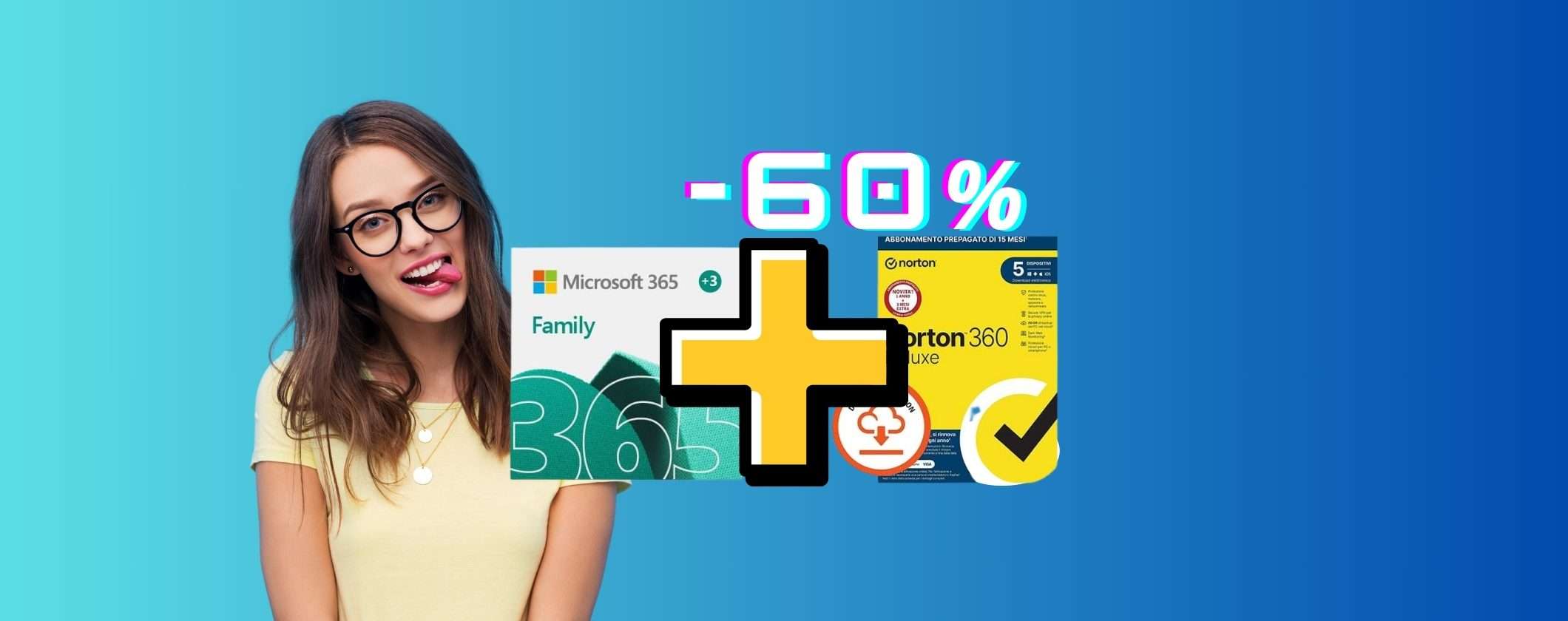Microsoft 365 Family + Norton 360 Deluxe: 15 mesi a -60%