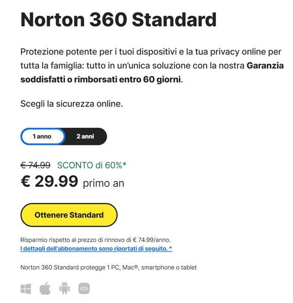 norton 360 standard prezzi