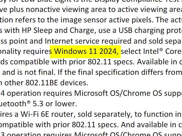 Il riferimento a Windows 11 2024 nella documentazione di HP sui nuovi computer Spectre