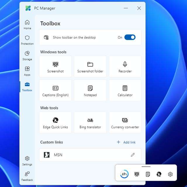 Il toolbox di Microsoft PC Manager da mostrare sul desktop