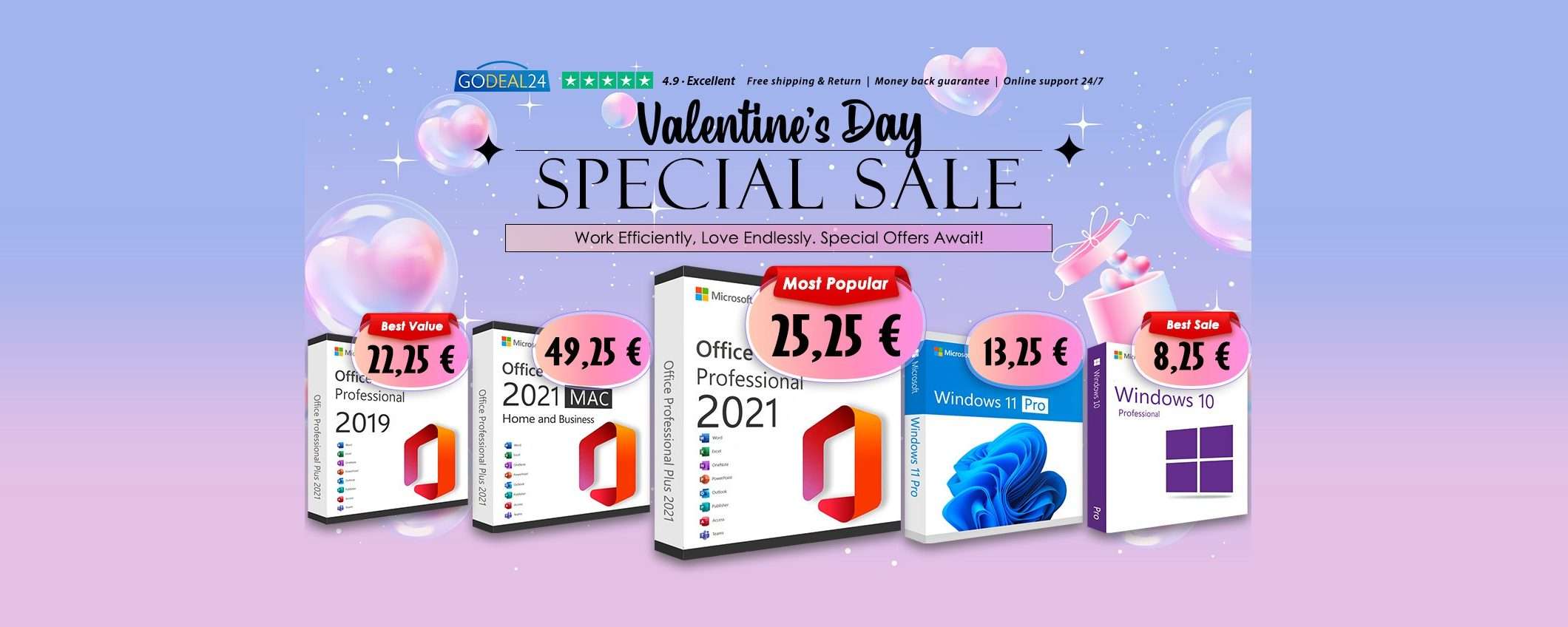 San Valentino su Godeal24: Office 2021 Pro Plus 25,25€, Windows 11 Pro 13,25€