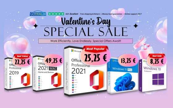 San Valentino su Godeal24: Office 2021 Pro Plus 25,25€, Windows 11 Pro 13,25€