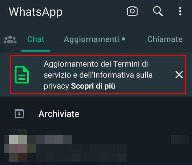 L'avviso di WhatsApp sull'aggiornamento dei termini di servizio e dell'informativa sulla privacy