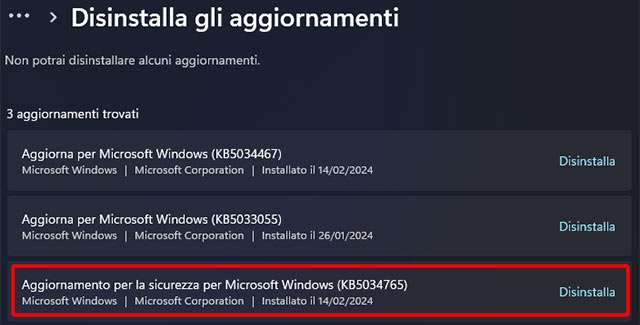 Come disinstallare l'aggiornamento KB5034765 di Windows 11