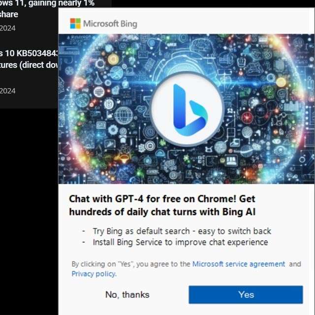 Il pop-up mostrato da Microsoft in Windows per promuovere l'utilizzo di Bing come motore di ricerca
